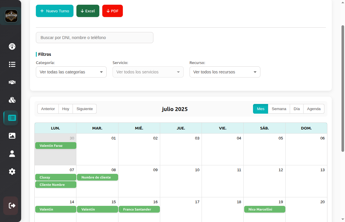 Sección de turnos con calendario