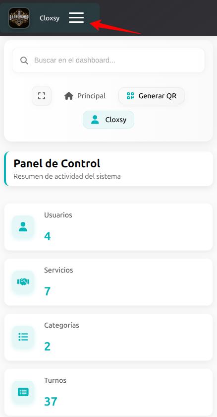 Menú de administración en móvil